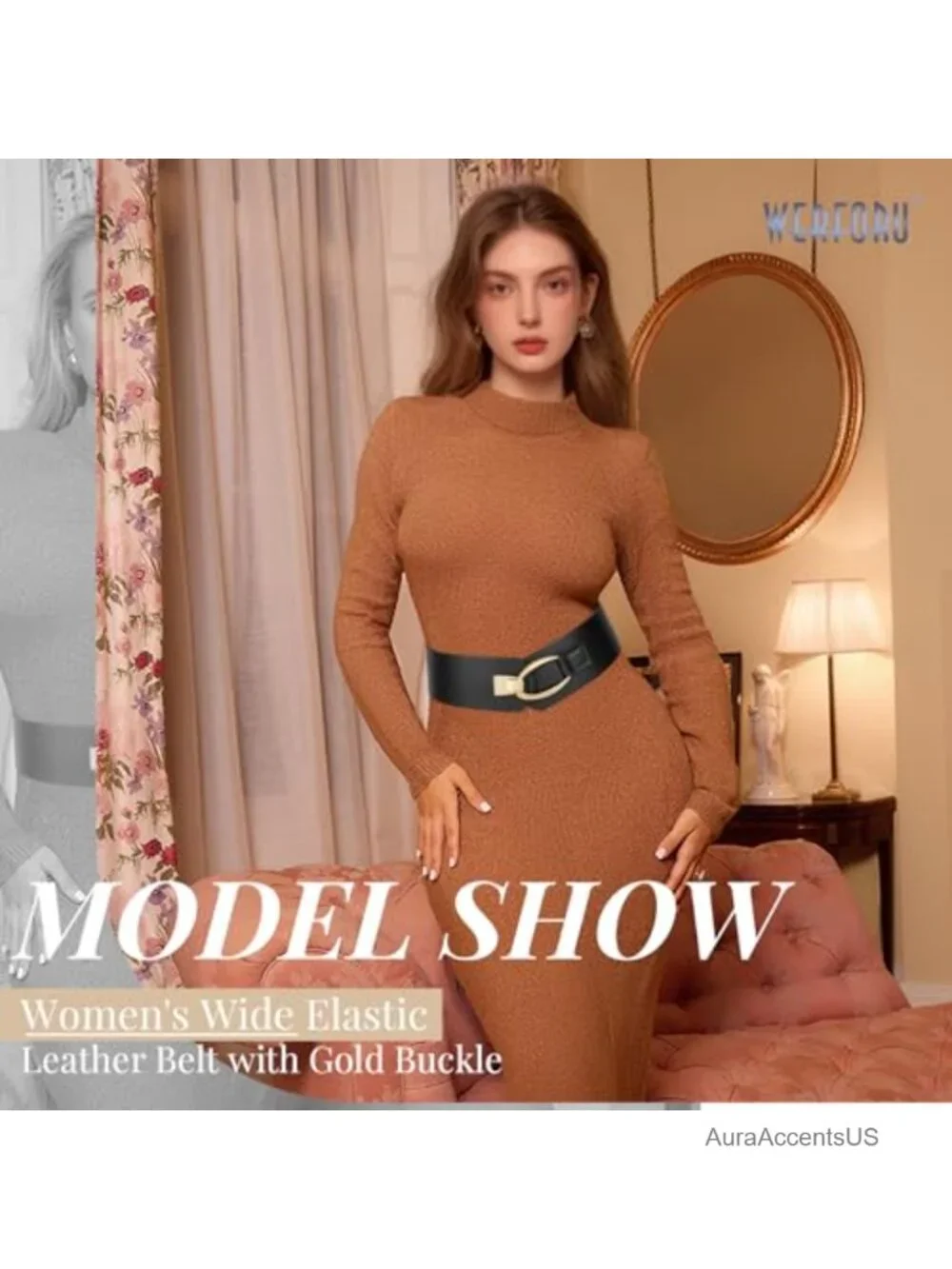Women Wide Faux Leather Elastic Belt with Gold Buckle for Dresses